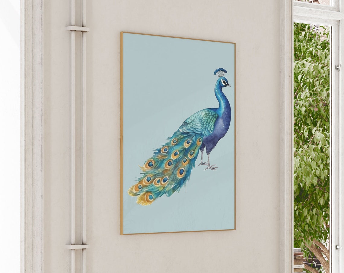 Blue Peacock Watercolor Bird Illustration Boho Home Poster Decor