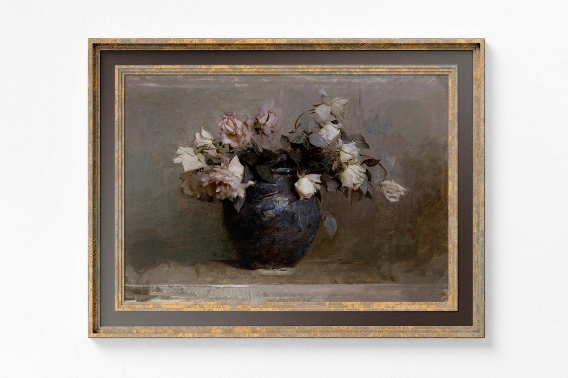 White Roses In A Vase Paintingantique European Wall Artflowers Still Life Printbotanical Oil Paintingneutral Color French Art - Image 3
