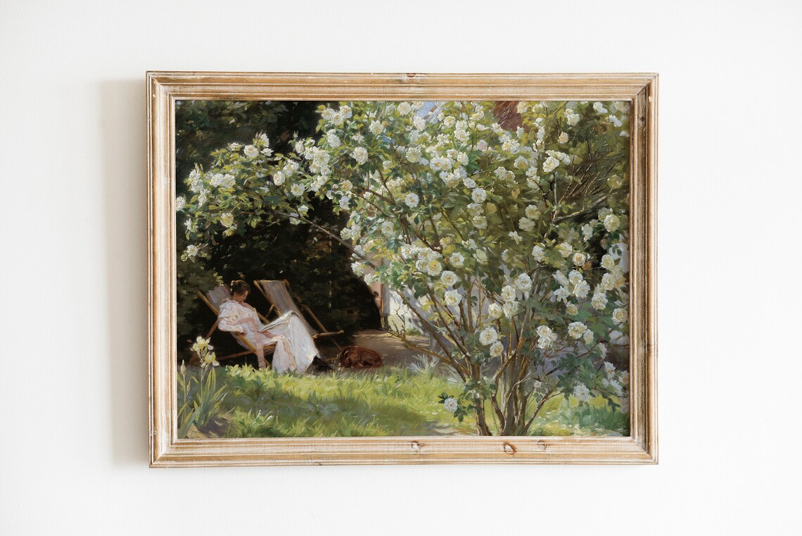 Lady In White Reading, Vintage Botanical Art Print