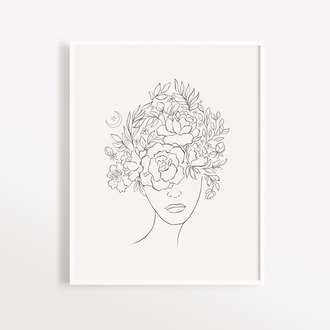 Flower Girl Peony Crown Crescent Moon Line Art Celestial Woman Poster - Image 2