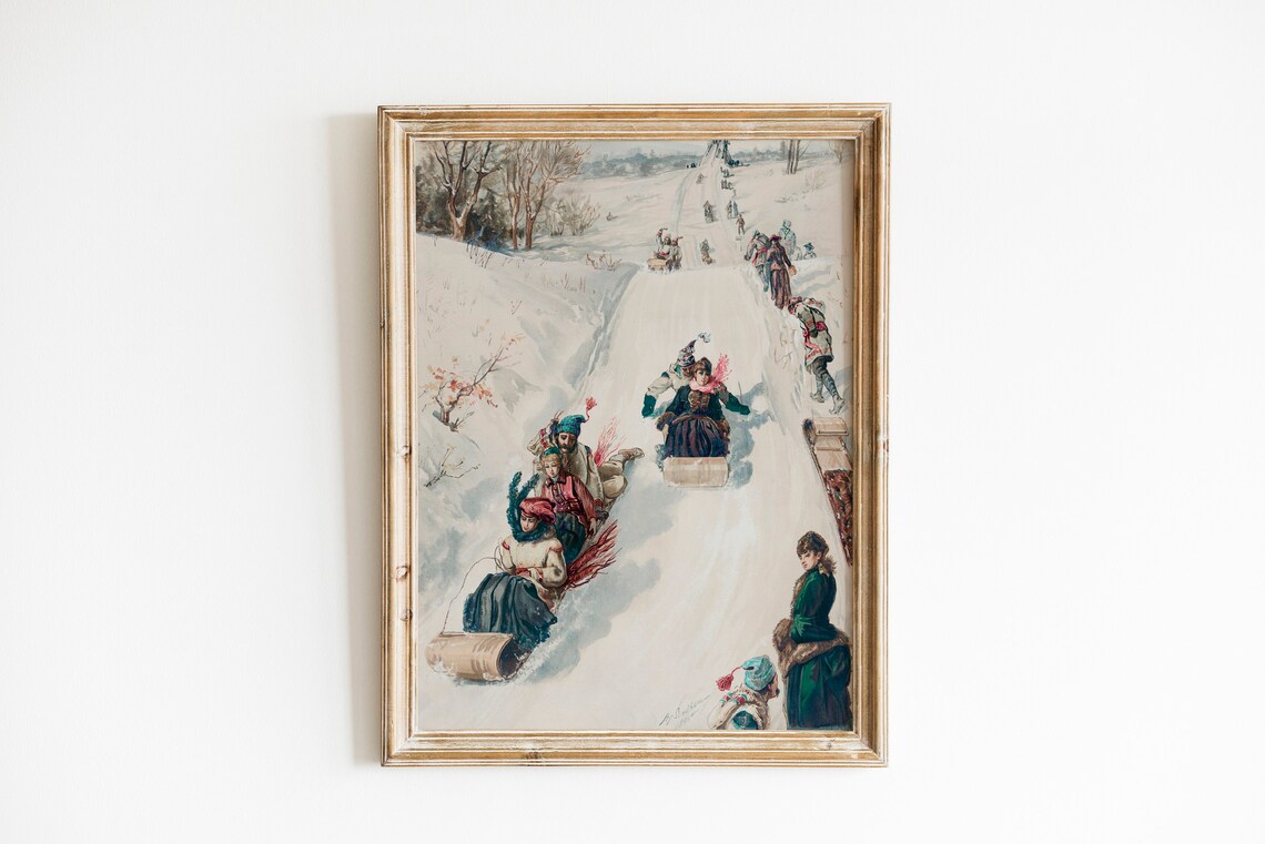 Vintage Tobogganing Scene Children Sledding Snowy Hill Winter Print - Image 4