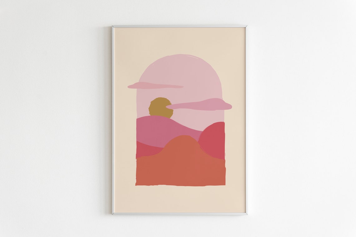 Abstract Arch Sunset Pink Red Boho Landscape Minimal Art Poster