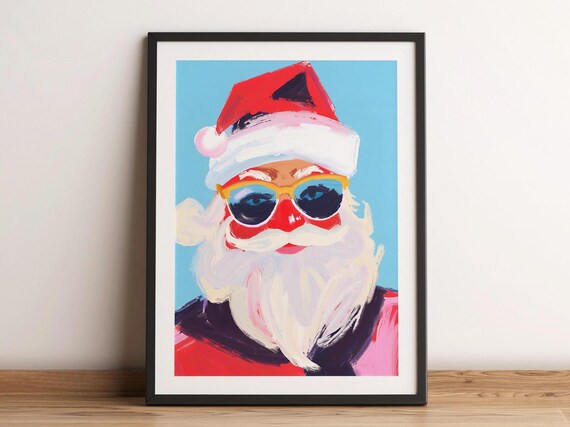 Retro Santa Claus With Sunglasses Colorful Painterly Christmas Poster