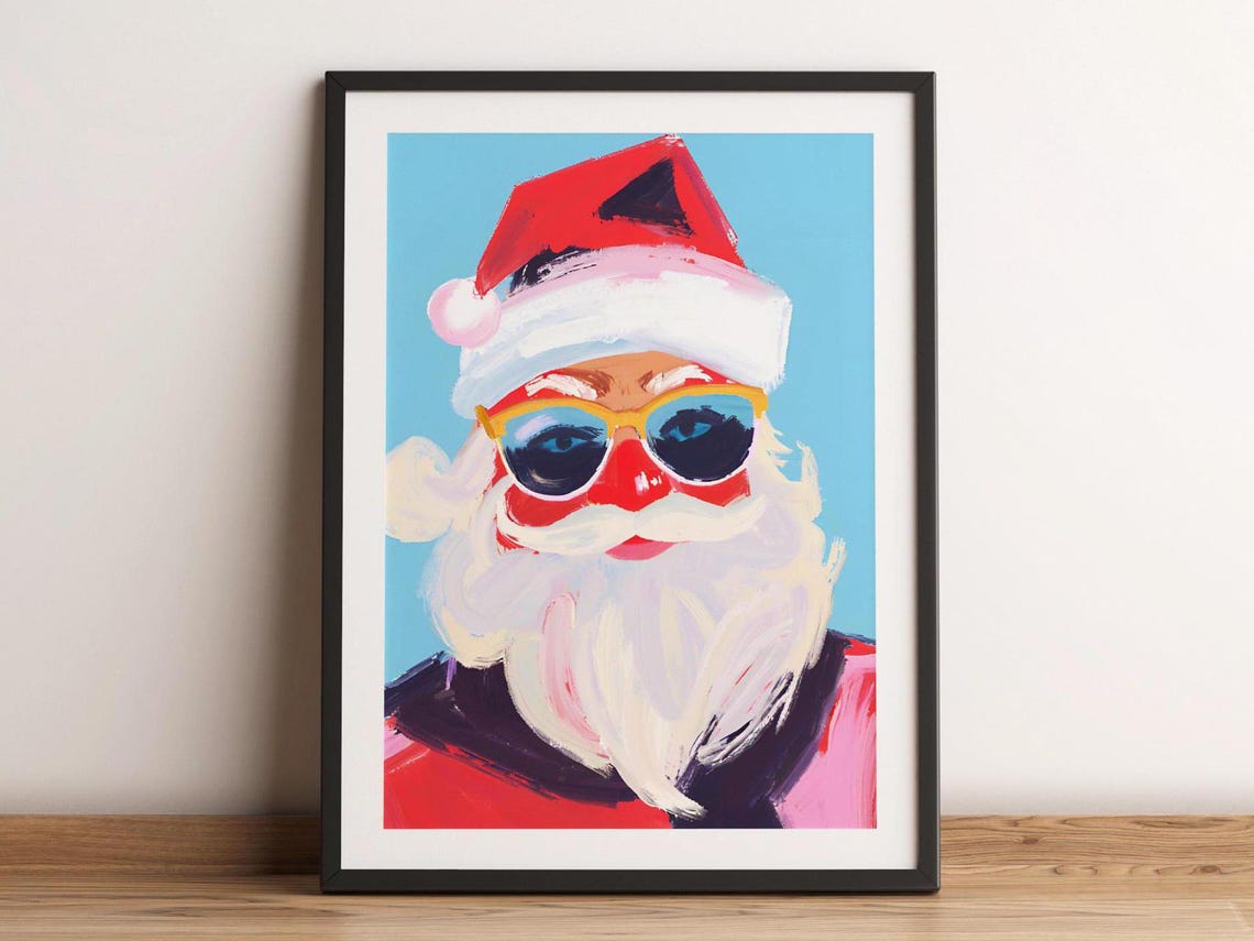 Retro Santa Claus With Sunglasses Colorful Painterly Christmas Poster
