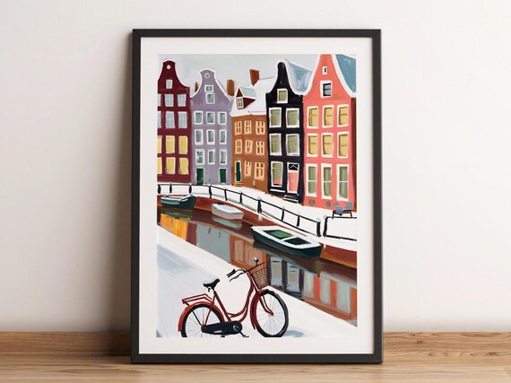 Winter In Amsterdam Painting Wall Art Netherlands Watercolor Travel Poster City Landmark Holland Cityscape Home Decor