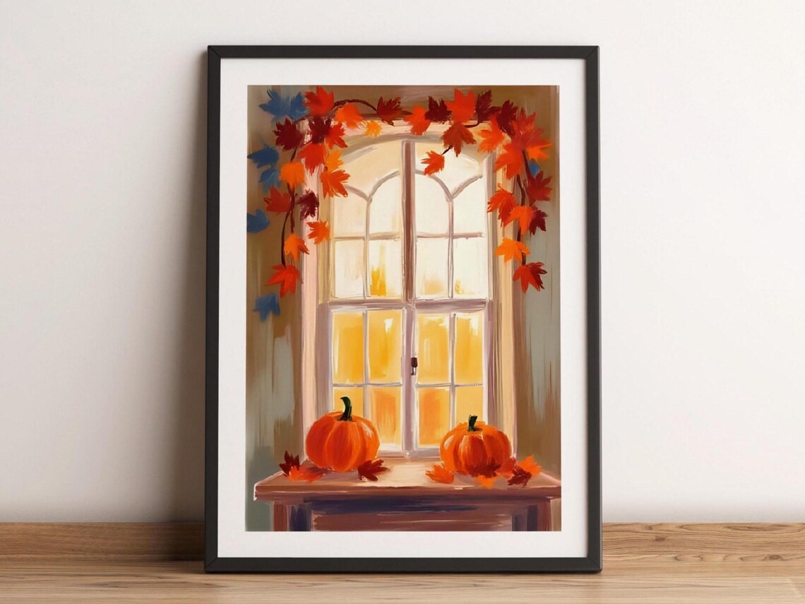 Pumpkins Fall View Window Halloween Watercolor, Cozy Autumn