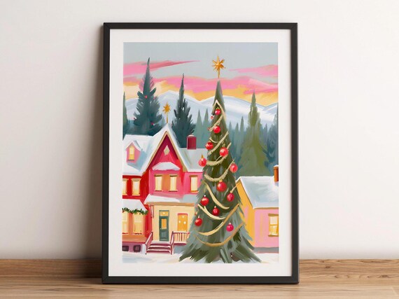 Cozy Christmas Town Pink House Decorated Tree Snowy Sunset Wall Art