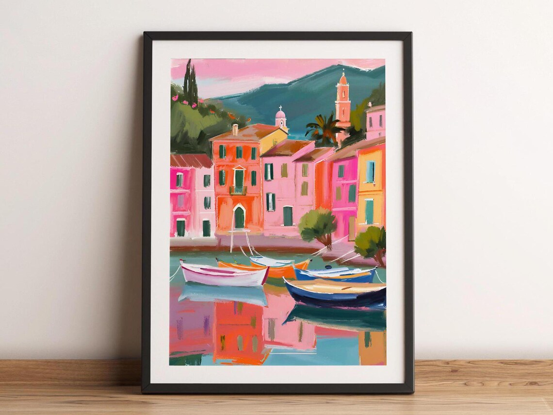Portofino Italy Colorful Harbor Boats Watercolor Travel Poster