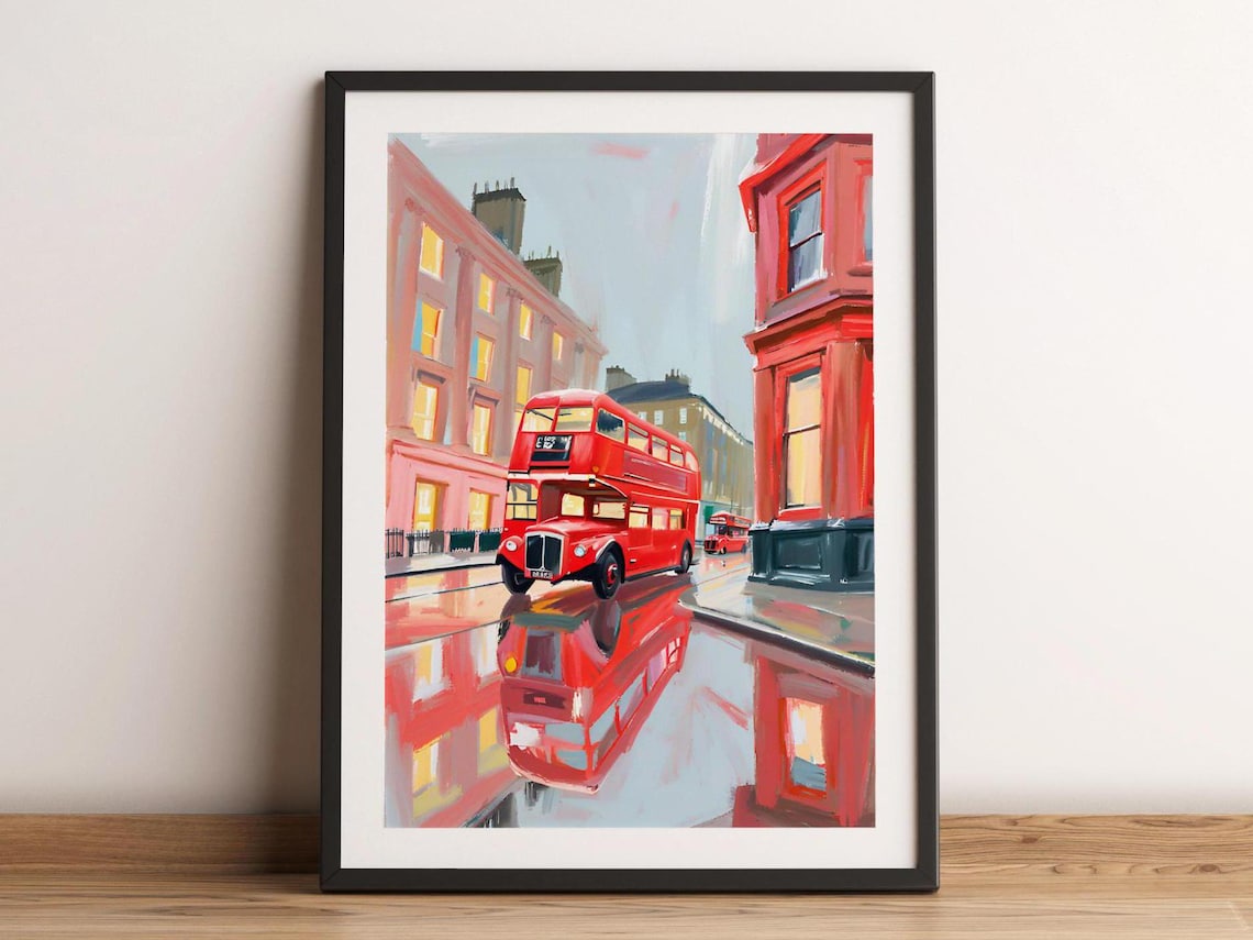 London Red Double Decker Bus Painting Rainy Street Reflection City Art Poster