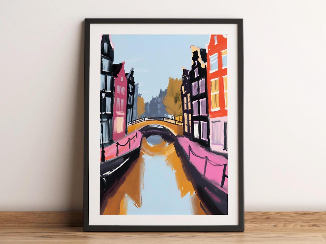 Amsterdam Canal Colorful Houses Bridge Reflection Modern City Painting Poster