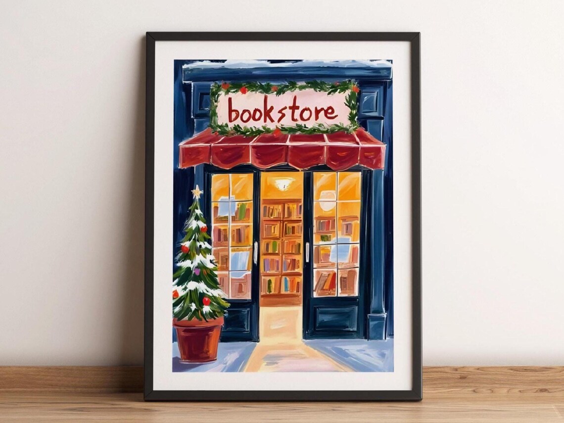 Christmas Bookstore Garland Sign Red Awning Snowy Tree Holiday Wall Poster