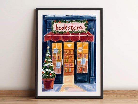 Christmas Bookshop Snowy Poster Cozy Bookstore Wall Art New Years Eve Holiday Vintage Winter Home Decor