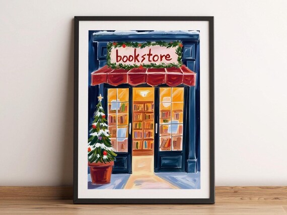 Christmas Bookstore Garland Sign Red Awning Snowy Tree Holiday Wall Poster