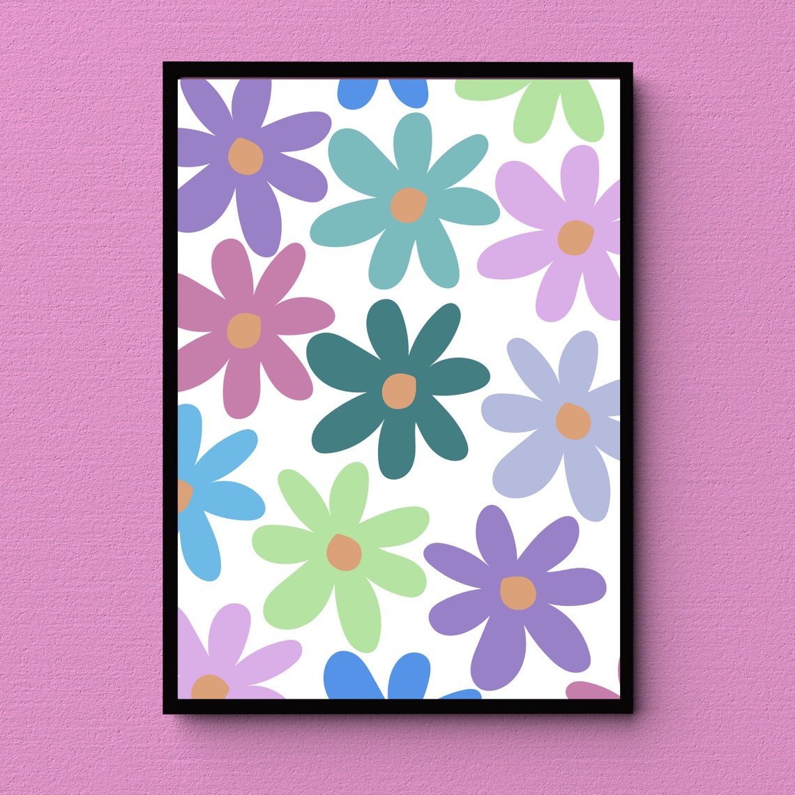 Colorful Retro Daisy Flower Pattern Pastel Floral Kids Room Wall Art - Image 3
