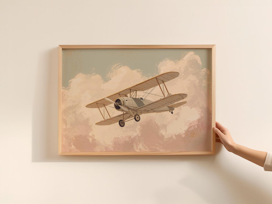 Vintage Biplane Soaring High Through Pastel Clouds Nursery Print
