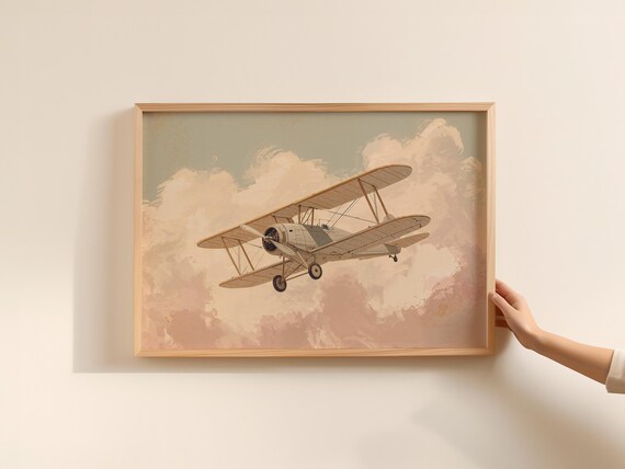 Vintage Biplane Soaring High Through Pastel Clouds Nursery Print