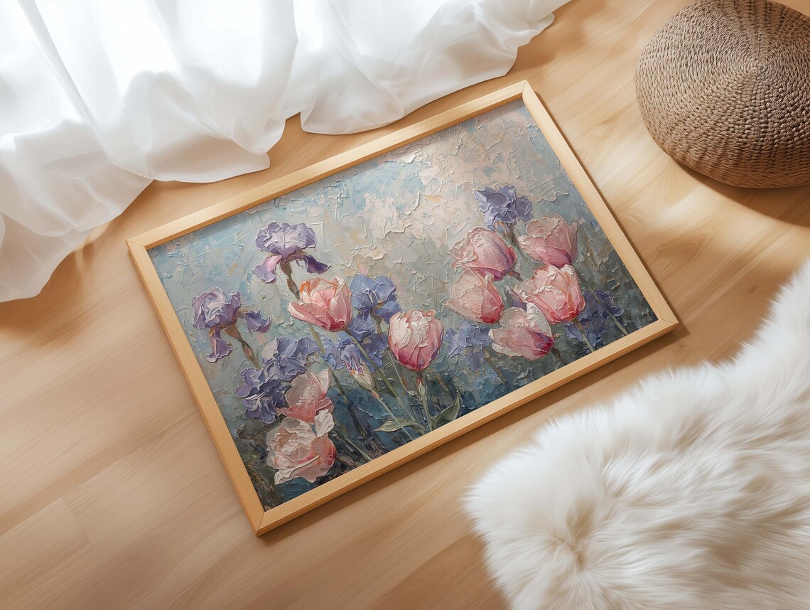 Lush Pink Tulips Purple Irises Impasto Floral Oil Painting Print