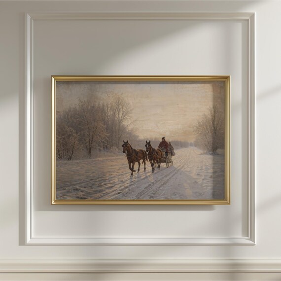 Horse Drawn Sleigh Snowy Winter Road Vintage Oil Painting Poster