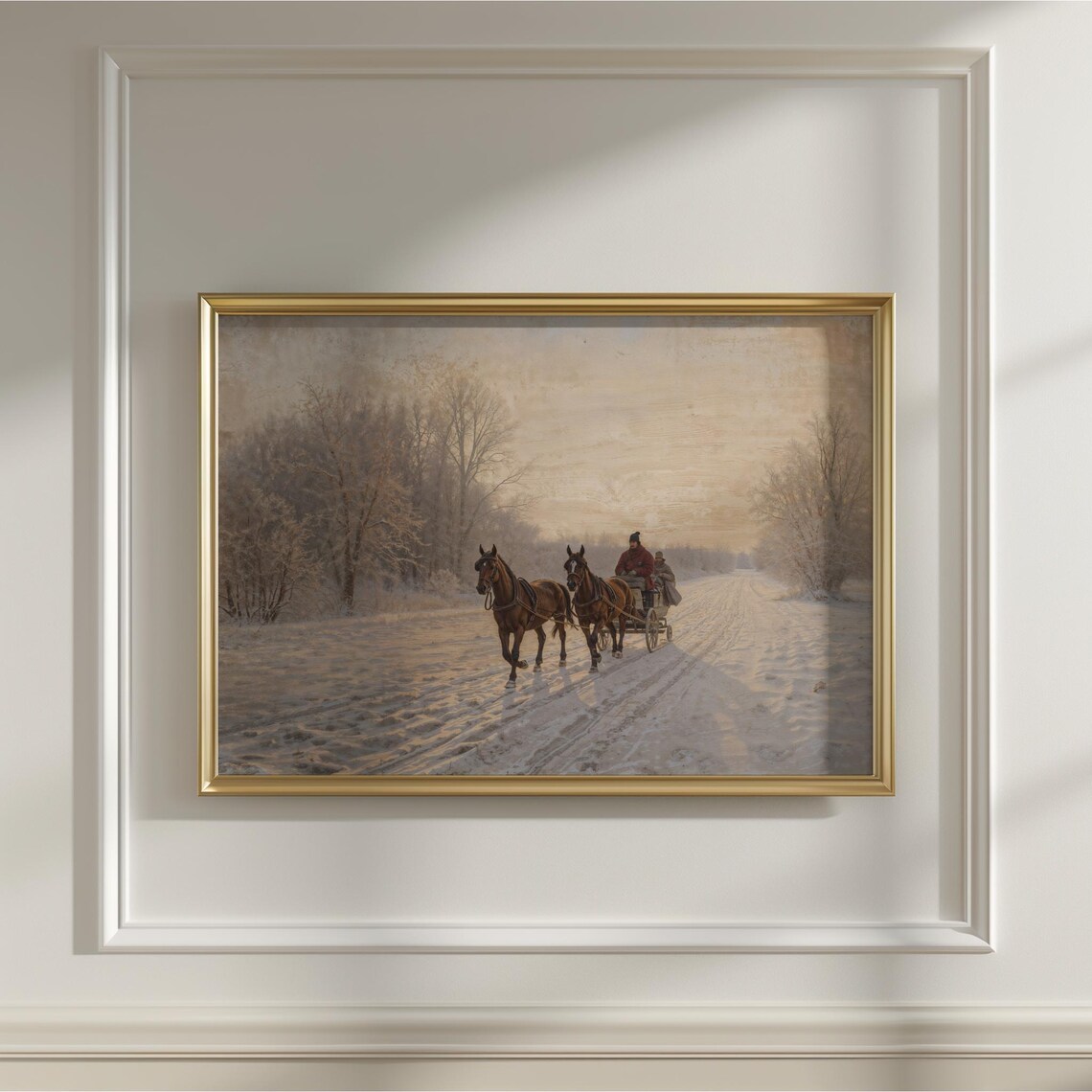 Horse Drawn Sleigh Snowy Winter Road Vintage Oil Painting Poster