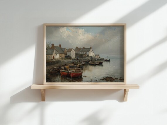 Vintage Fishing Village Harbor Boats Watercolor Countryside Art Poster