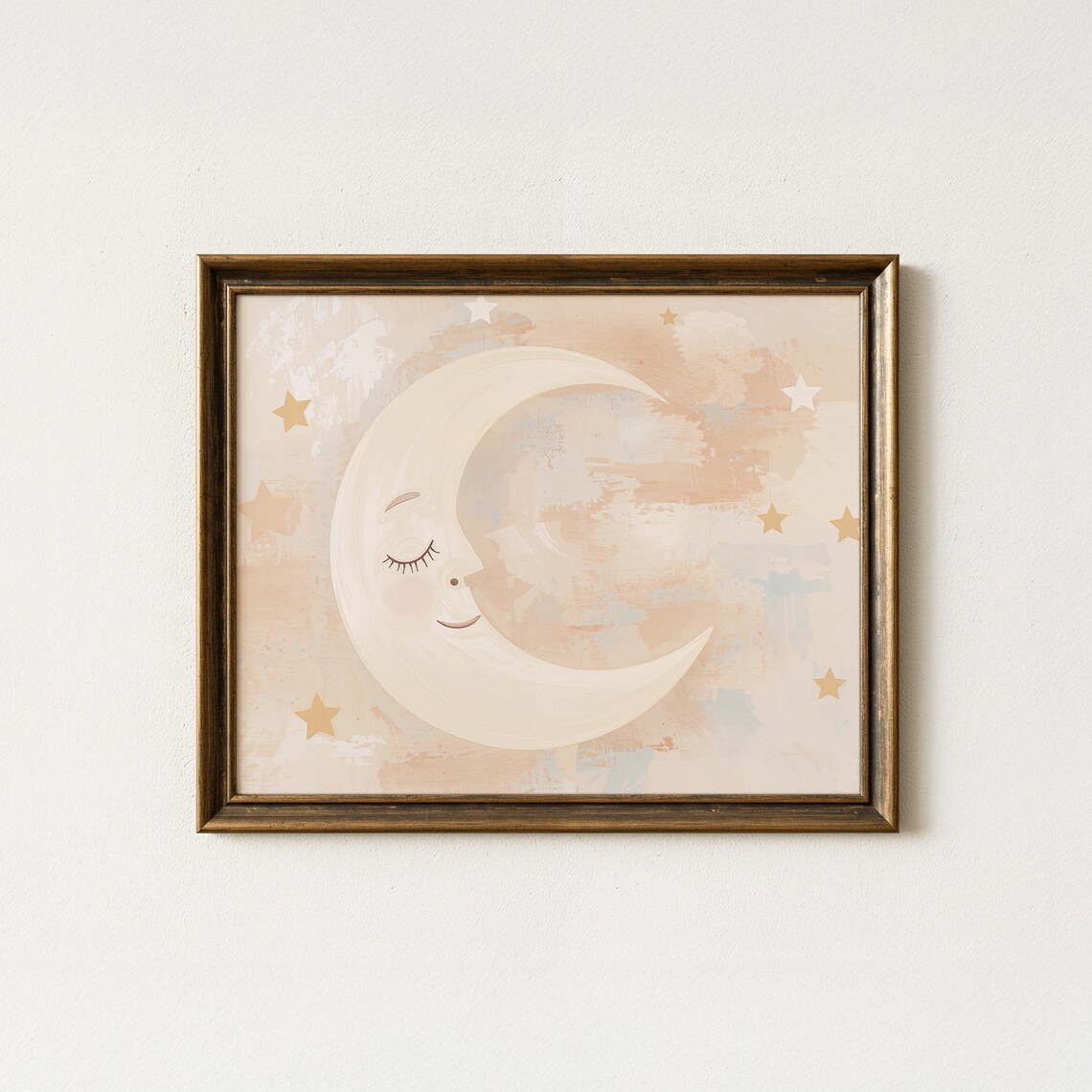 Sweet Smiling Pastel Crescent Moon Among Stars Baby Nursery Print