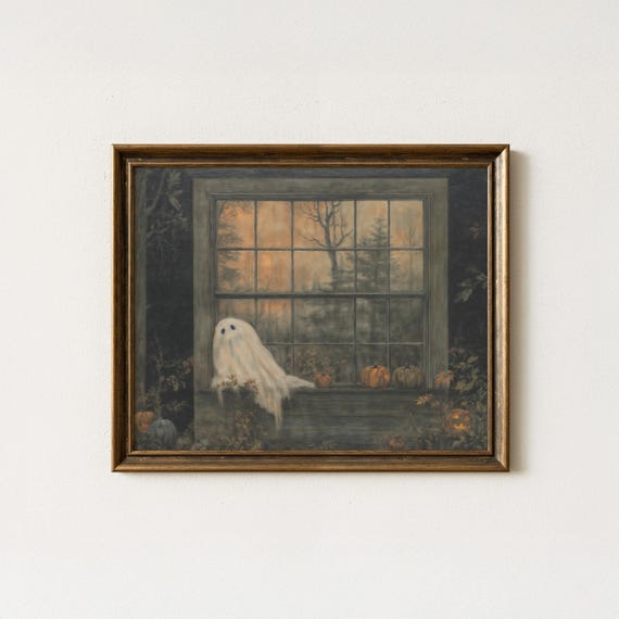 On Windowsill Halloween Art Print Vintage Dark Academia