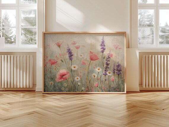 Pastel Wildflower Meadow Poppies Lavender Daisies Textured Floral Art Poster