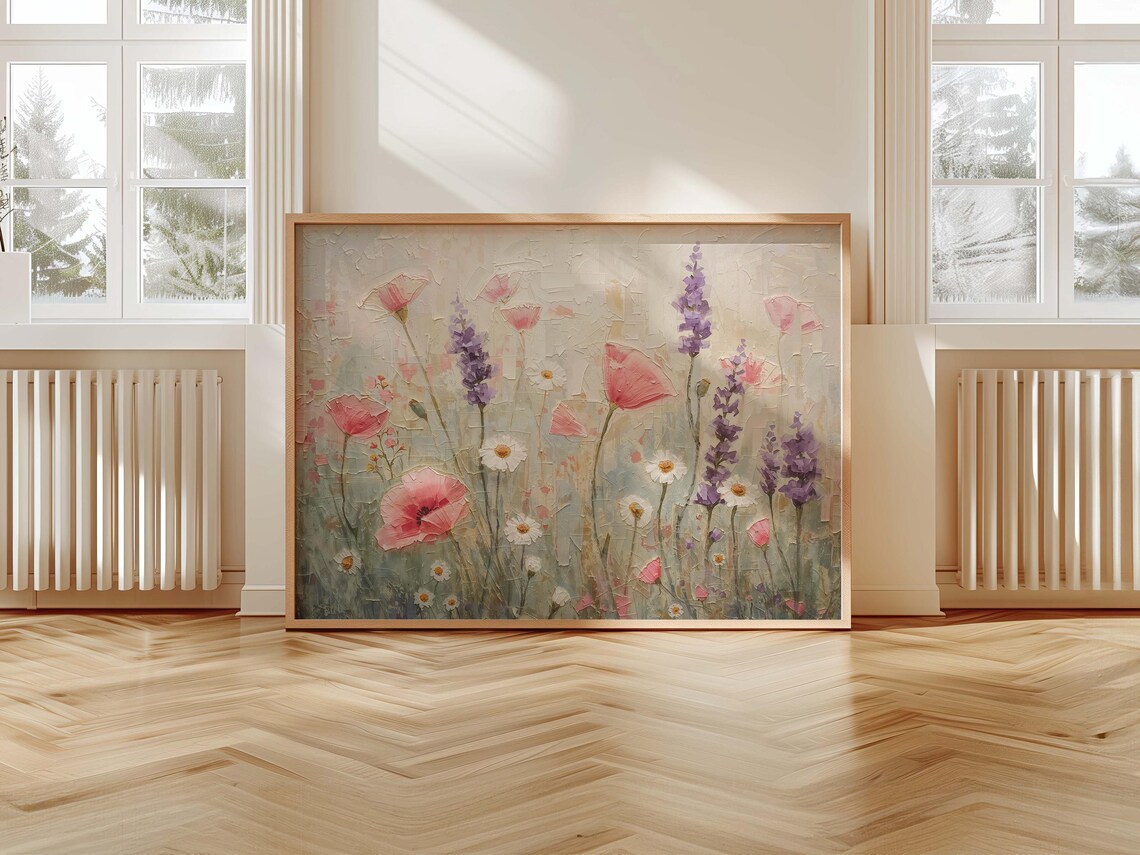 Pastel Wildflower Meadow Poppies Lavender Daisies Textured Floral Art Poster