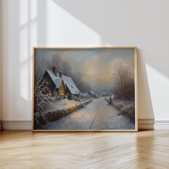 Vintage Christmas Village Snowy Lane Cottages Twilight Poster