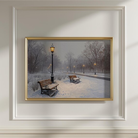 Vintage Winter Park Snowy Benches Lamppost Evening Painting Art Print