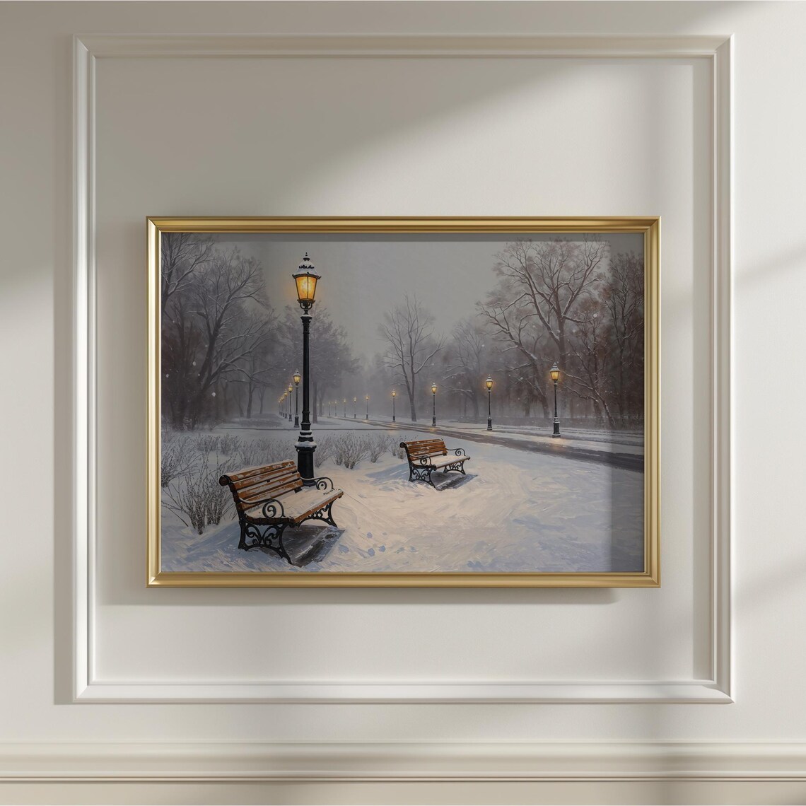 Vintage Winter Park Snowy Benches Lamppost Evening Painting Art Print
