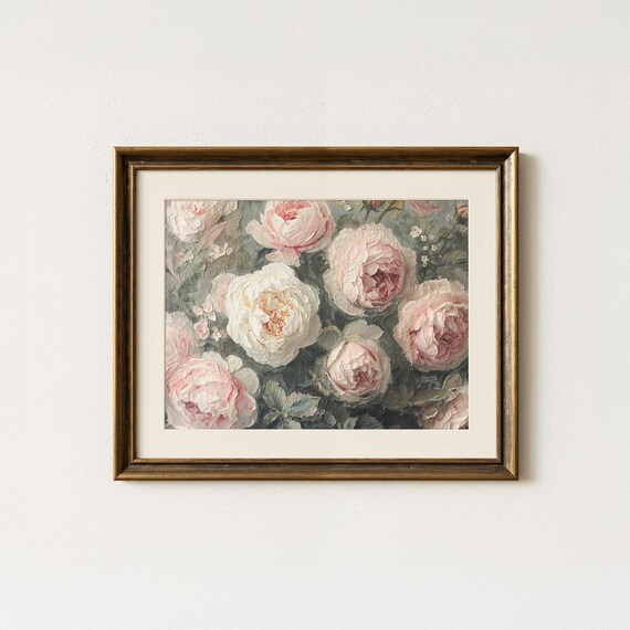 Blush Pink Peonies Vintage Oil Painting Romantic Floral Bouquet Art Poster
