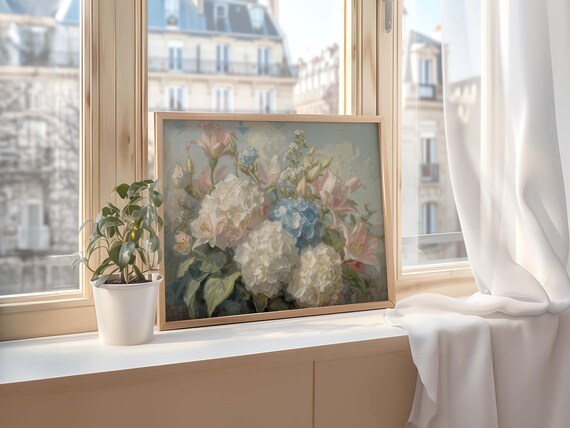 Pastel Hydrangea and Lily Bouquet Vintage Floral Still Life Poster