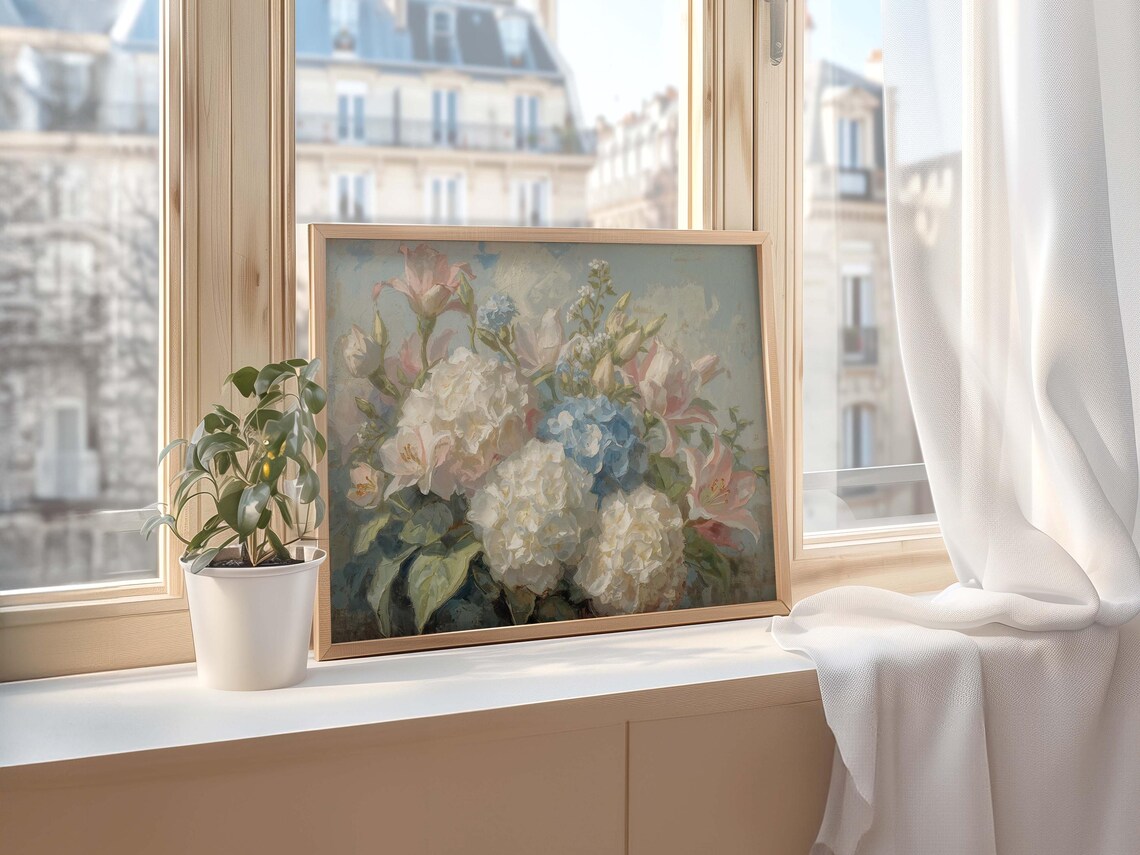 Pastel Hydrangea and Lily Bouquet Vintage Floral Still Life Poster
