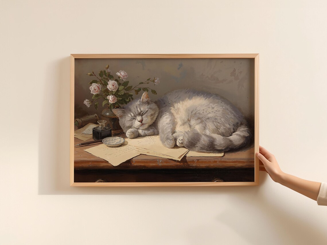 Sleepy Gray Cat on a Vintage Desk Still Life Oil Painting Poster