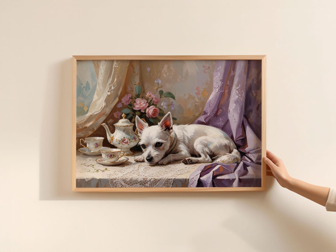 White Terrier Dog With Vintage Tea Set on Lace Table Painting Poster