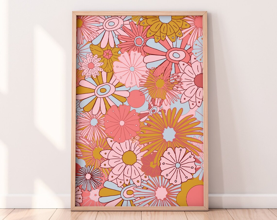 Retro 60s 70s Pink Blue Floral Wall Art Print