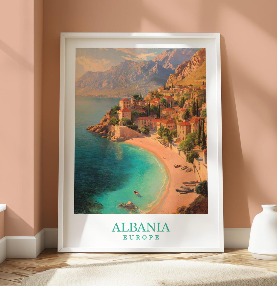 Albania Europe Coastal Village Turquoise Bay Mountains Travel Poster