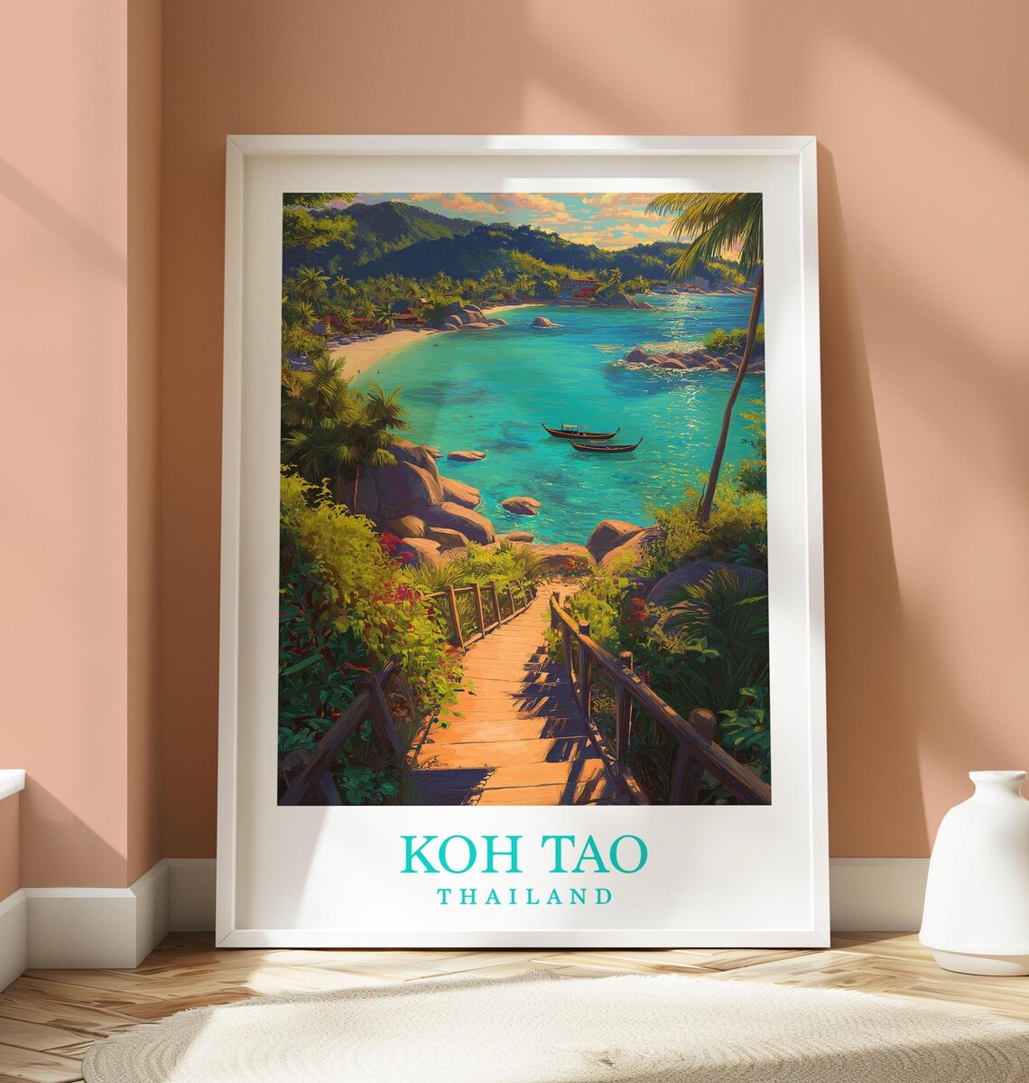Koh Tao Thailand Turquoise Cove Wooden Stairway Beach Travel Poster