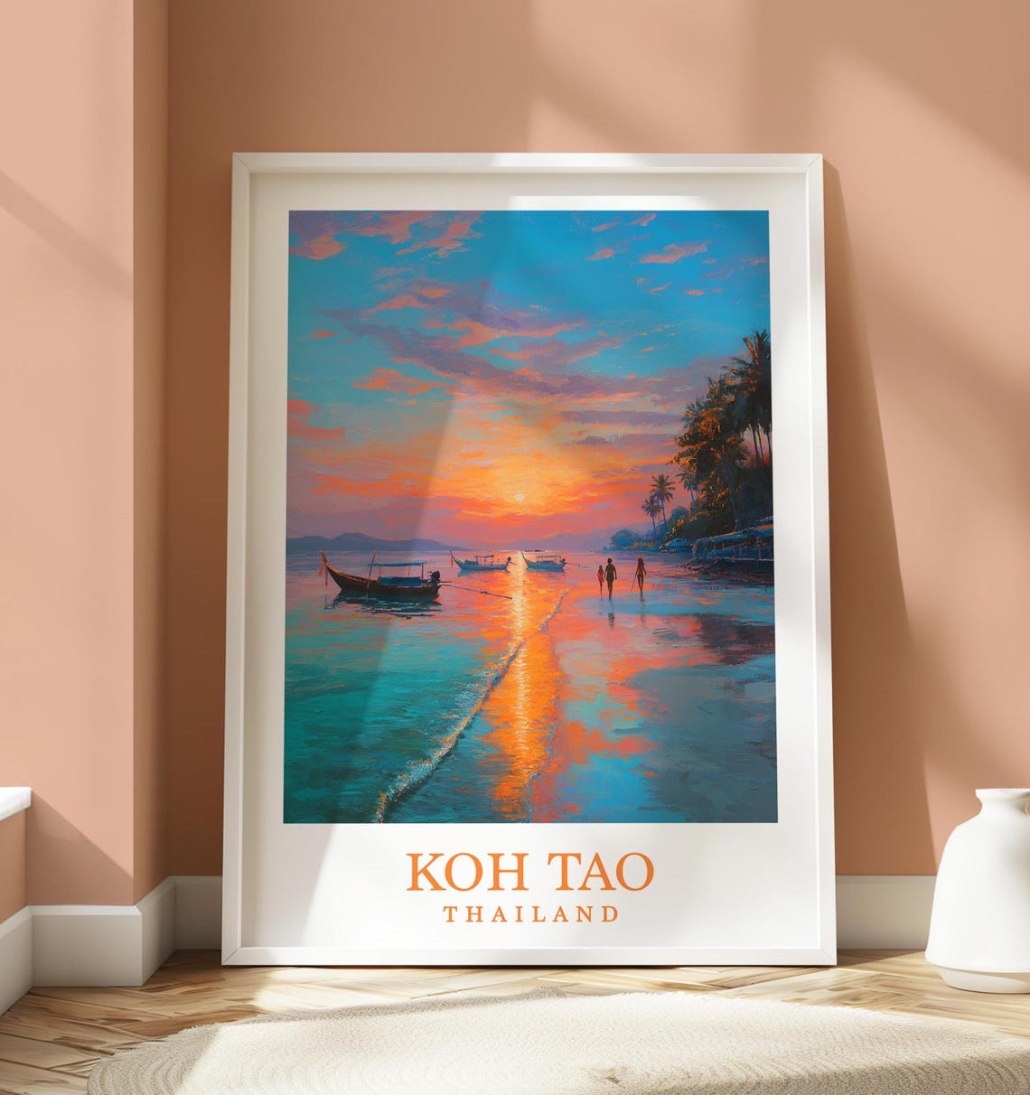 Koh Tao Thailand Sunset Beach Longtail Boats Palm Trees Travel Poster