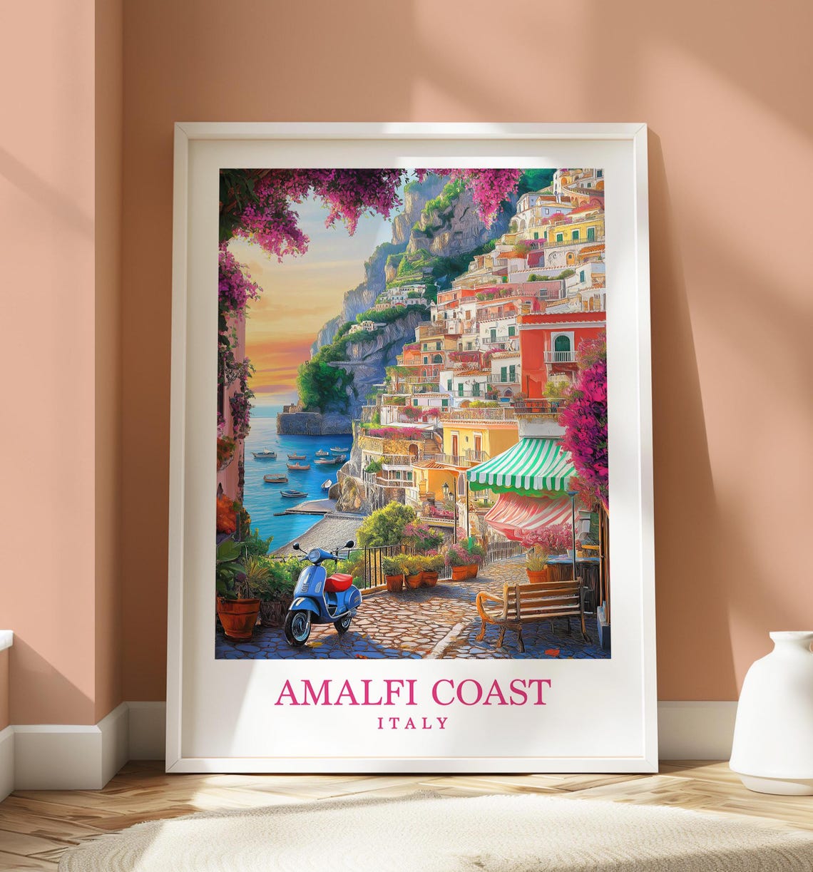 Amalfi Coast Italy Cliffside Village Sunset Harbor Travel Poster