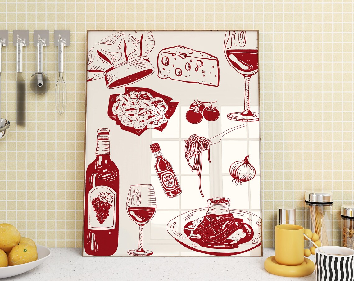 Dinner Table Wine Cheese Pasta Print Aesthetic Kitchen Decor Cute Cooking Art Kitchen Wall Art Prints Dinner Party Chef Wall Art