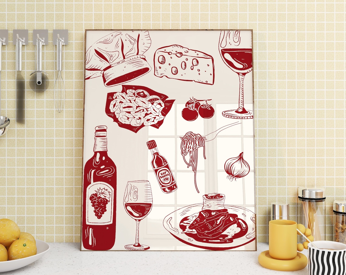 Italian Dinner Party Red Line Art Food and Wine Kitchen Poster