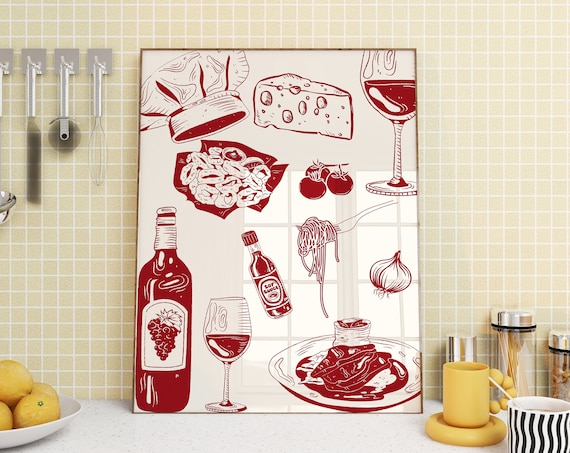 Italian Dinner Party Red Line Art Food and Wine Kitchen Poster