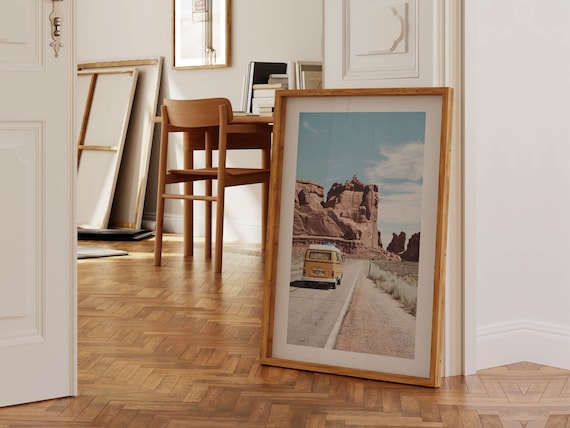 Southwest Desert Road Poster Vintage Yellow Van Red Rock Travel Photo Art