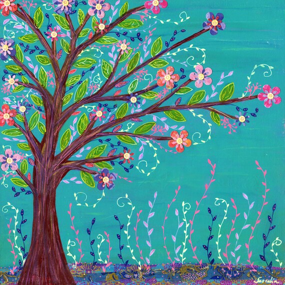 Blue Tree Landscape Mixed Media Poster Print Large Giclee Print