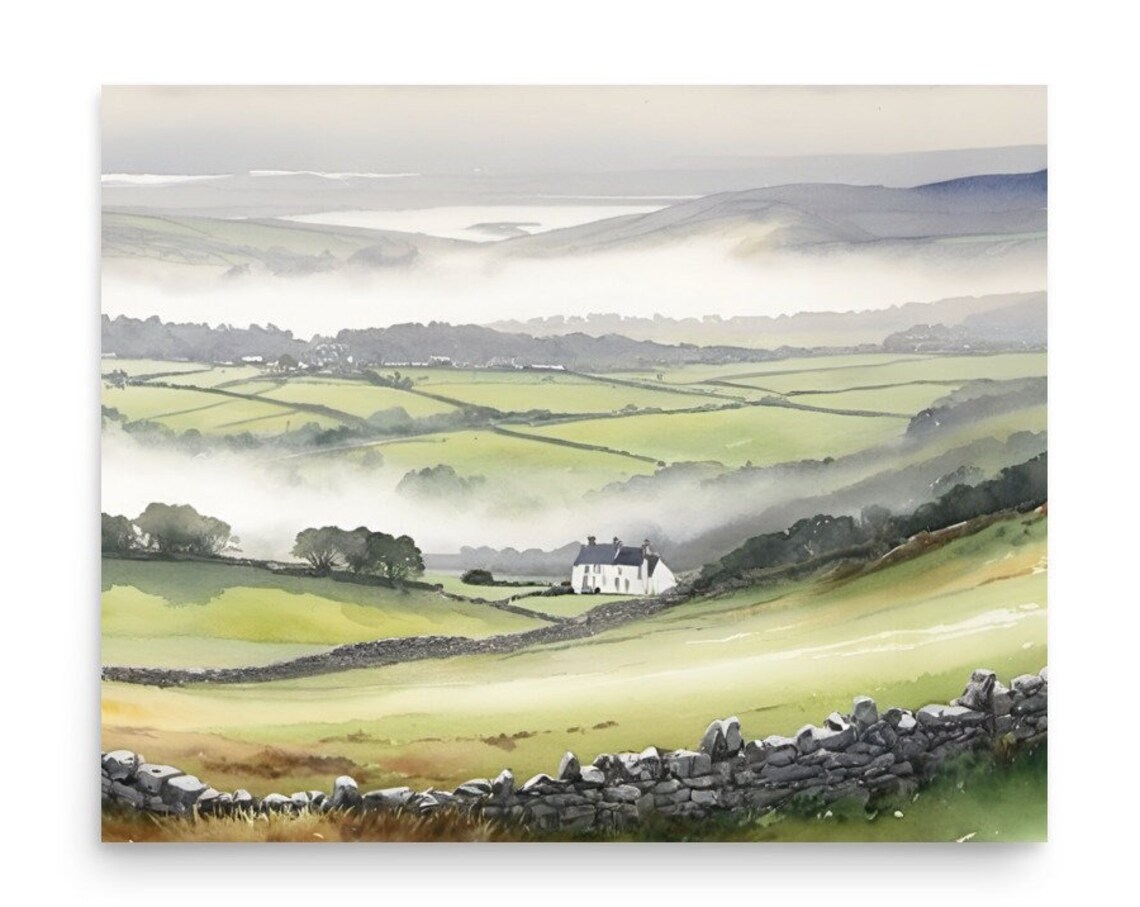 Ring Of Kerry Misty Irish Farmhouse Landscape Watercolor Poster