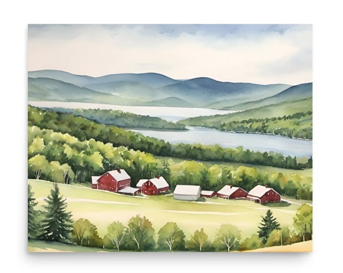 Vermont Green Mountain & Farmhouse Watercolor Art Print