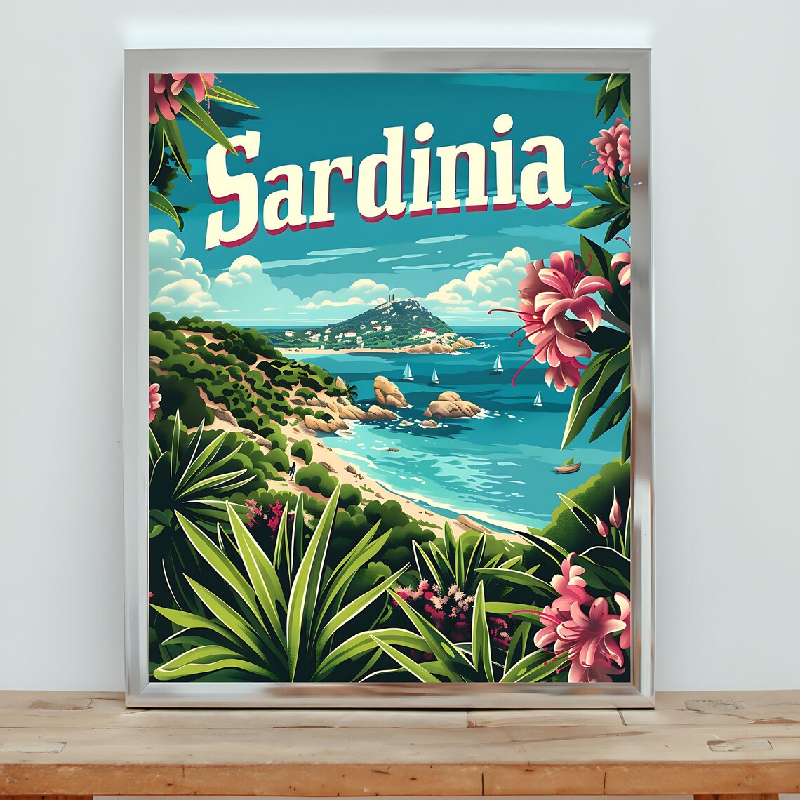 Sardinia Vintage Travel Poster Tropical Coastal Village And Palms