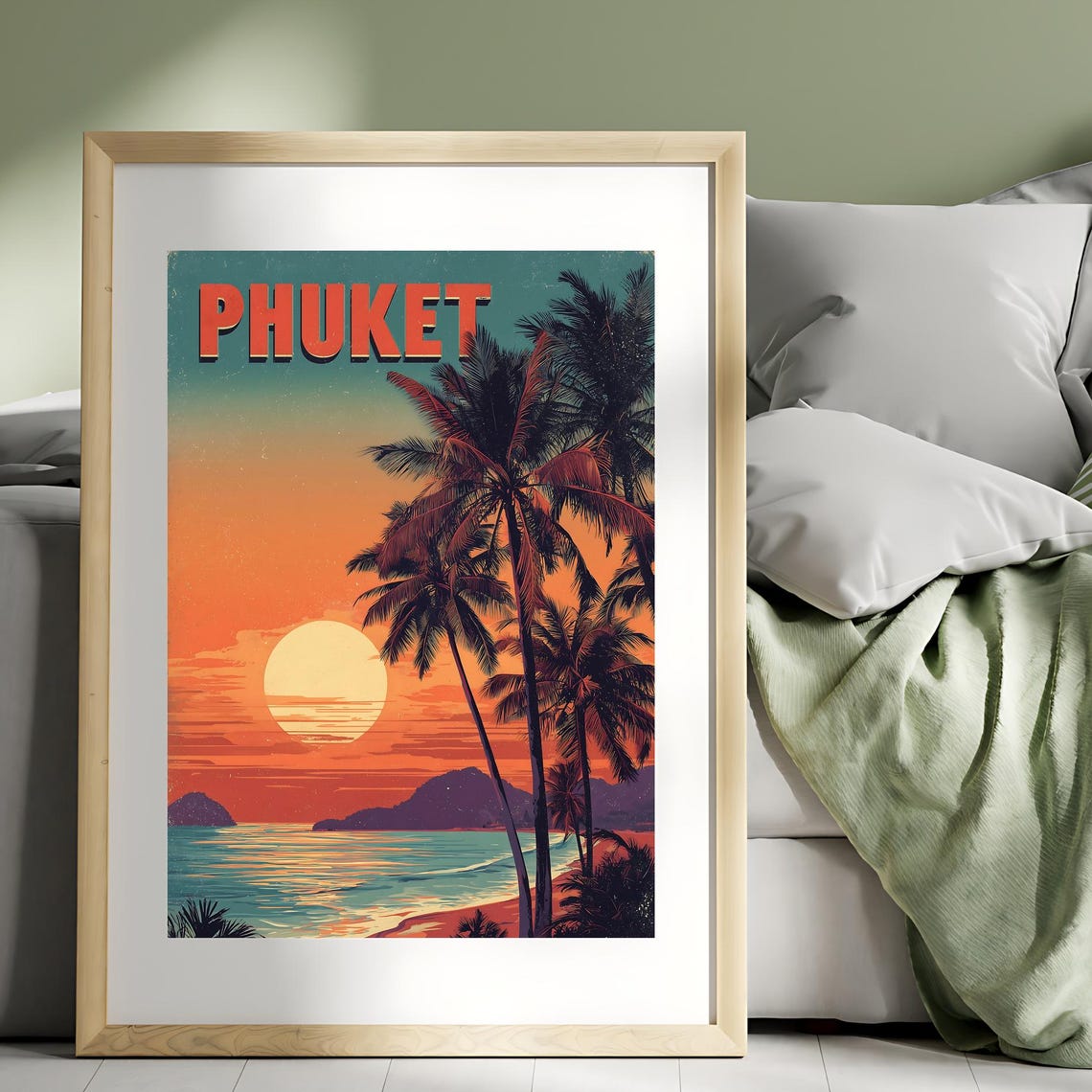 Phuket Thailand Vintage Travel Poster Sunset Palm Beach Retro Art